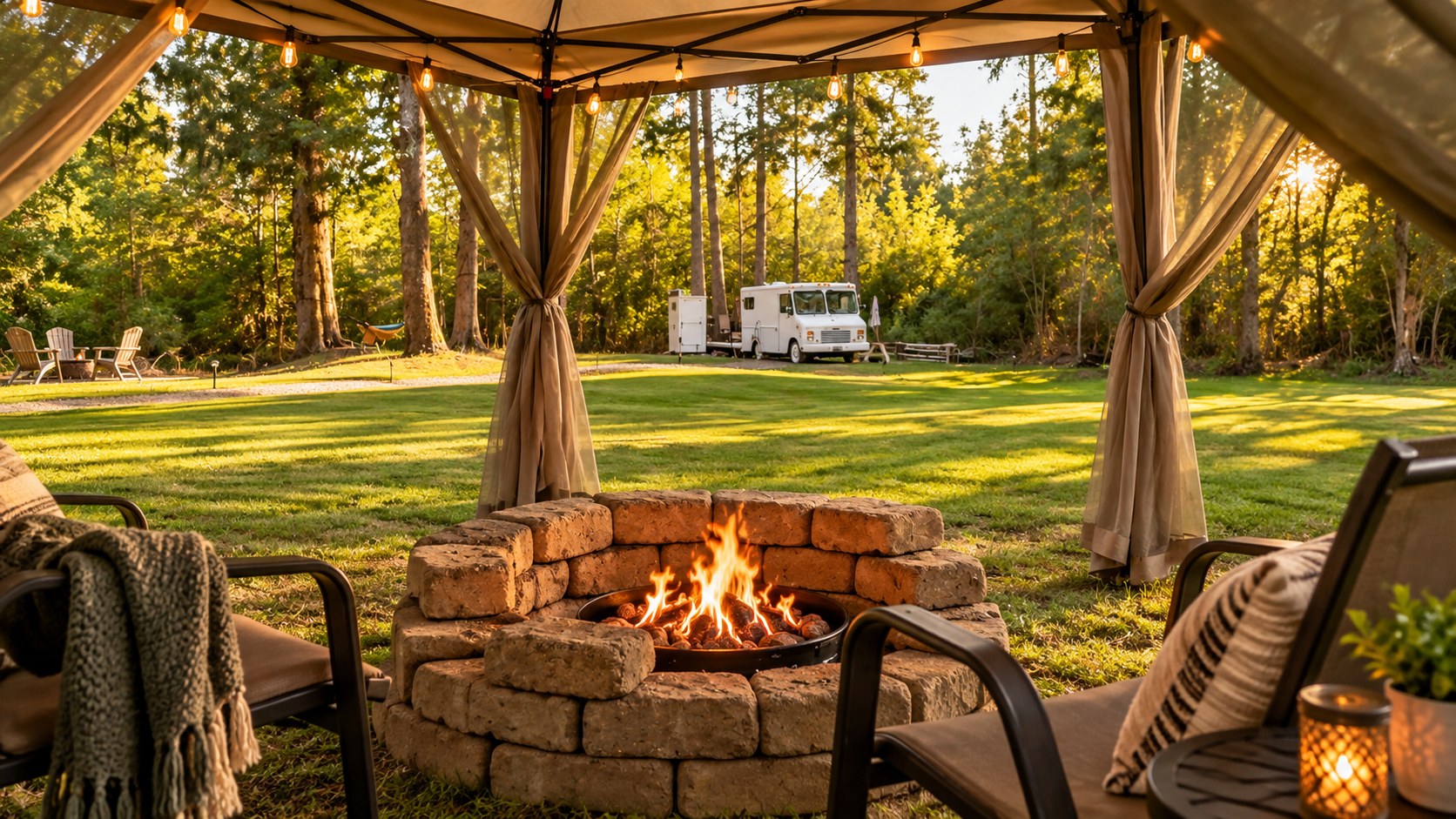 The white Château Camion bread truck across the lawn, with a fire pit and covered outdoor seating in the foreground